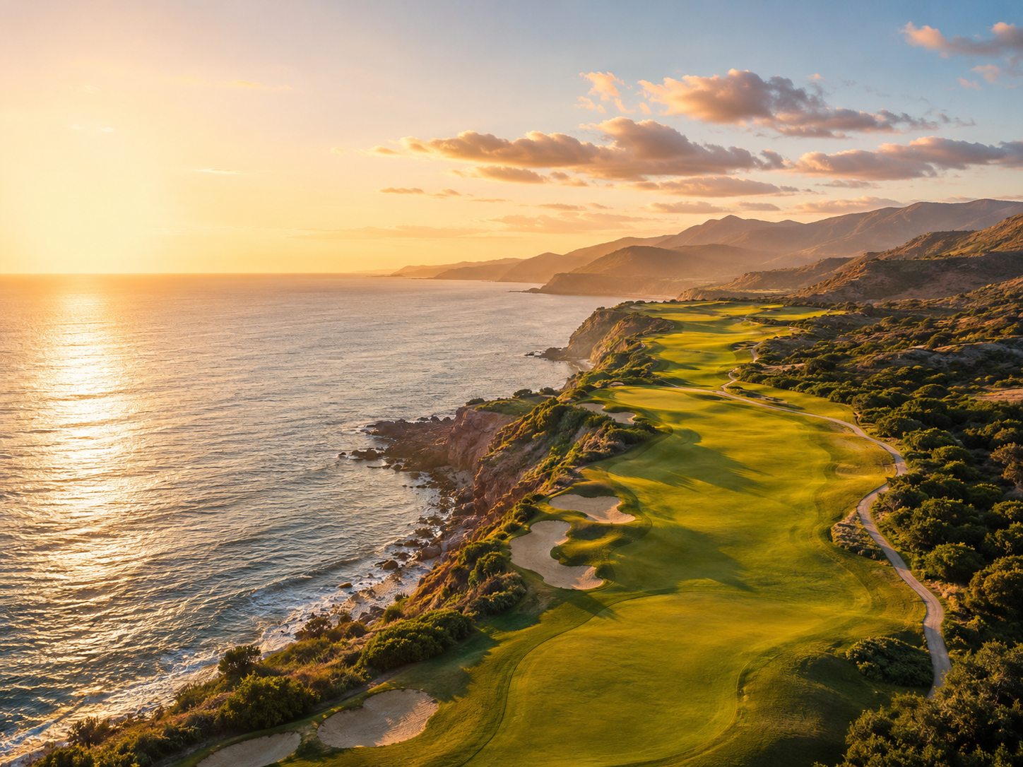 Parcours de golf en bord de mer au coucher du soleil