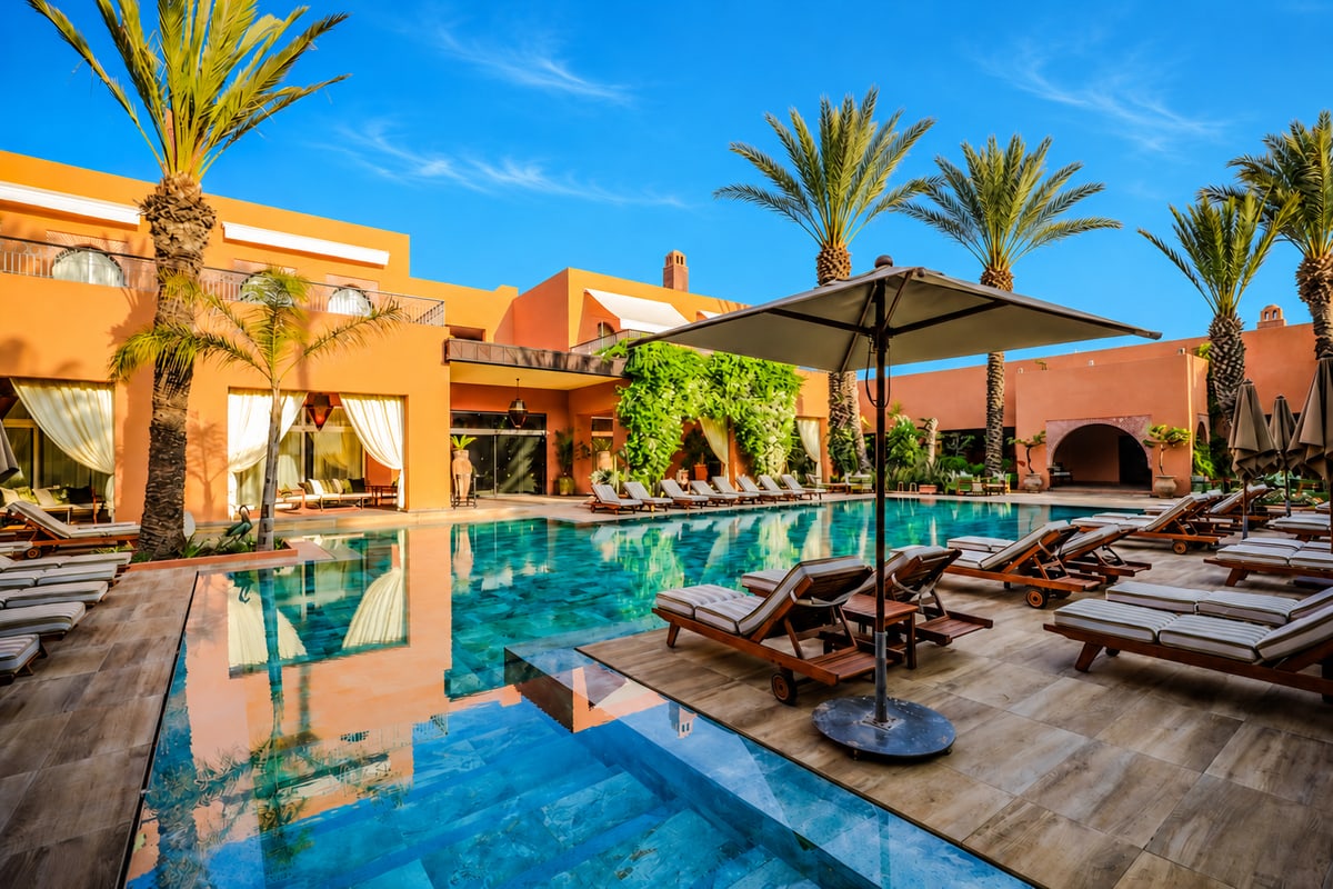 Piscine du Tikida Golf Palace à Agadir, palmiers élancés et cirrus discrets