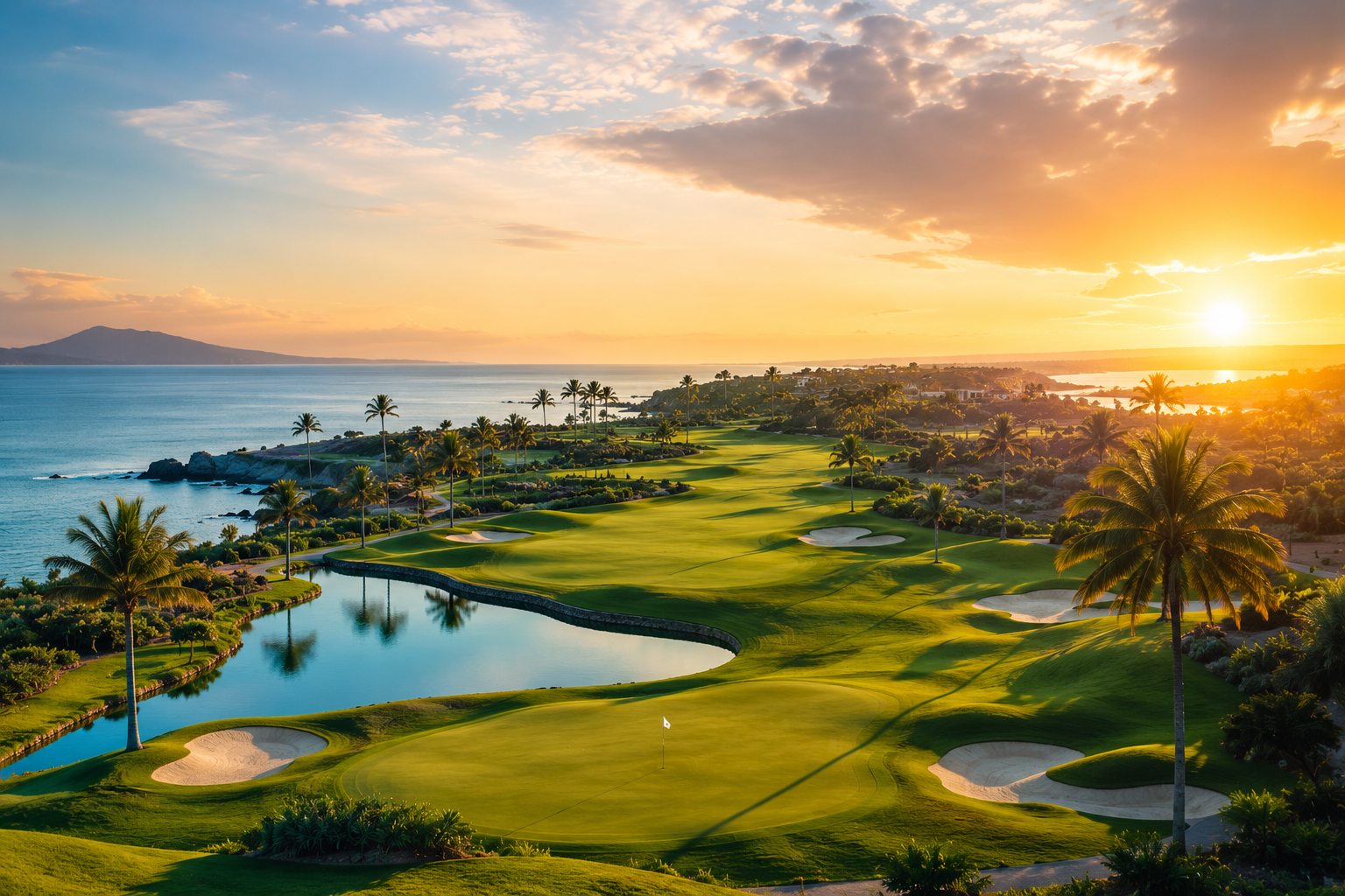 voyage golf sur parcours en bord de mer au coucher du soleil