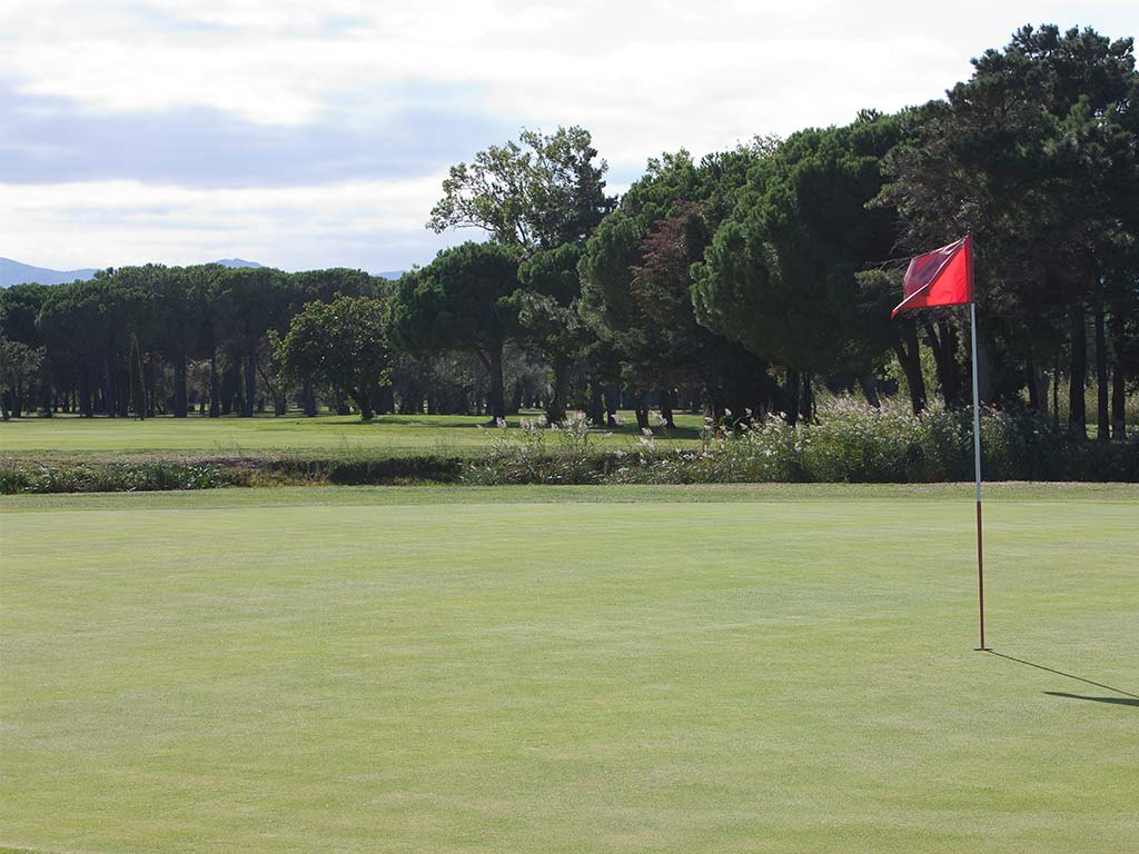 Drapeau rouge sur le green du golf