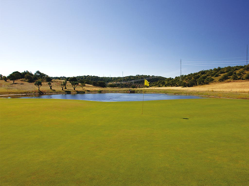 Lac et drapeau sur le green du golf